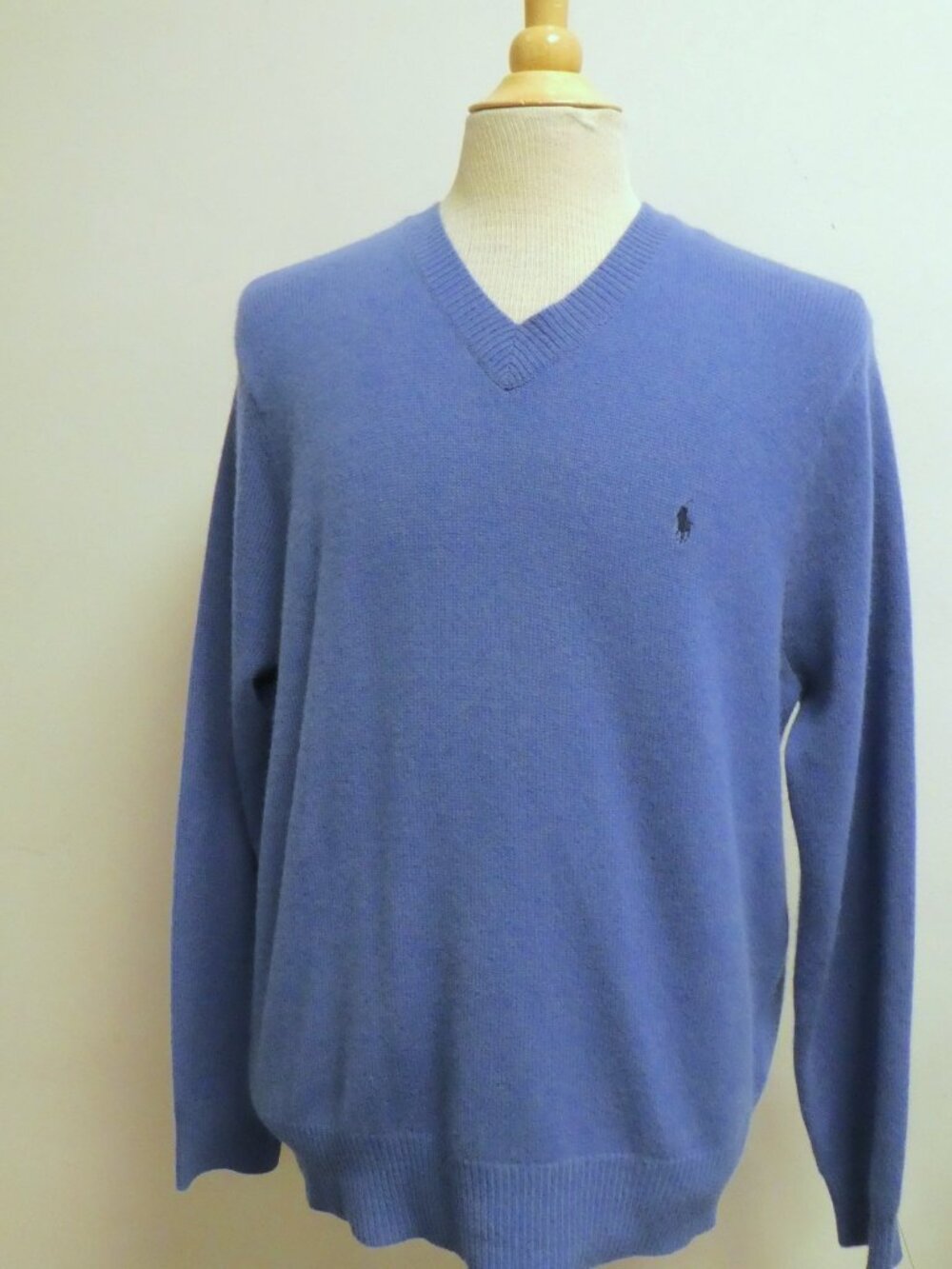 POLO RALPH LAUREN 100% CASHMERE blue V NECK pony embroidered classic SWEATER XL